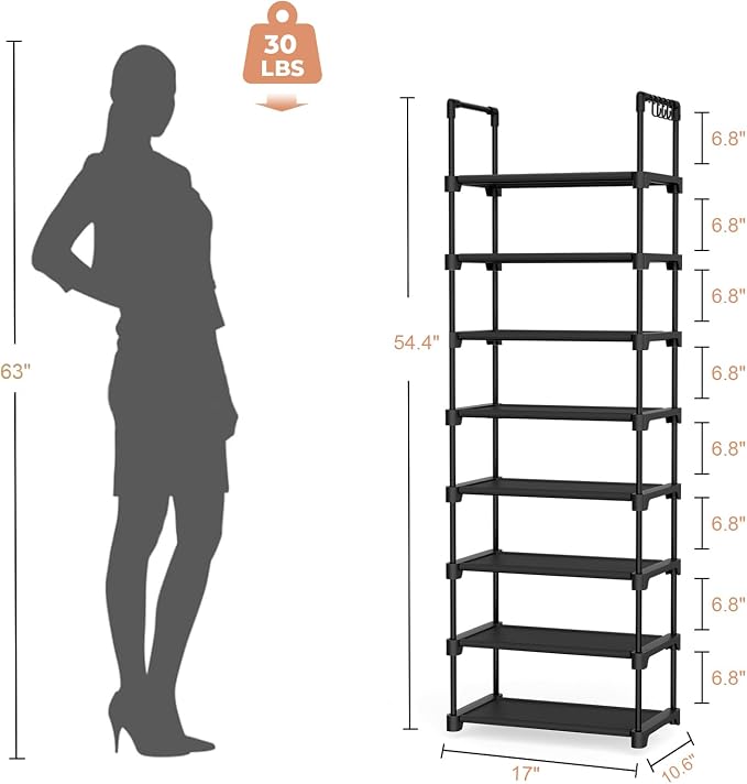 LANTEFUL Tall Shoe Rack 8 Tiers, 16-20 Pairs Shoe and Boots Organizer Storage Sturdy Shoe Shelf, Narrow Vertical Shoe Rack for Entryway, Closet, Metal Shoe Organizer with 5 Hooks - Image 3