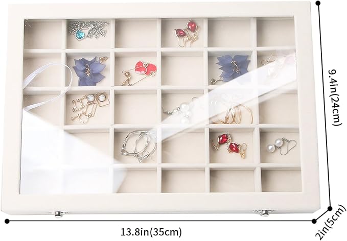 Stratalife Jewelry Organizer Jewelry Tray with See-through Lid 24 Grids Earring Display Showcase Large Velvet Storage Box for Earring Necklace Rings Dice Beige - Image 4