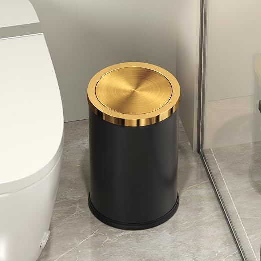 9L/2.4GAL Black and Gold Bathroom Trash Can, Small Trash Can with FILP Lid for Bathroom,Hotel,Office,Lundry,Powder Room (ＢＬＡＣＫ) - Image 2