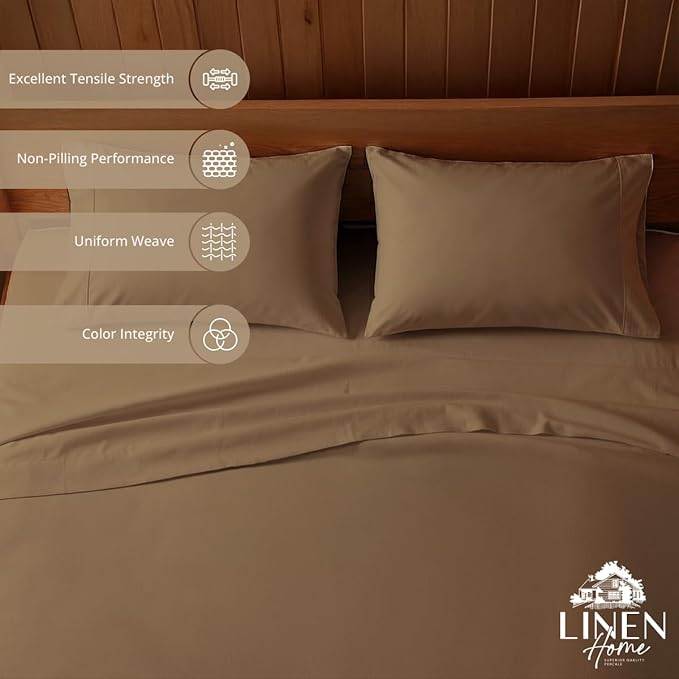 Linen Home 100% Cotton Percale Sheets Twin Size, Earthy Brown, Deep Pocket, 3 Pieces Set - 1 Flat, 1 Deep Pocket Fitted Sheet and 1 Pillowcase, Crisp Cool and Strong Bed Linen
