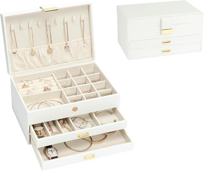 Jewelry Organizer Box for Women Girls, 3-Layer Jewelry Case with 2 Drawers Jewelry Storage Box for Ring Earrings Bracelets Necklaces(White) by HOME