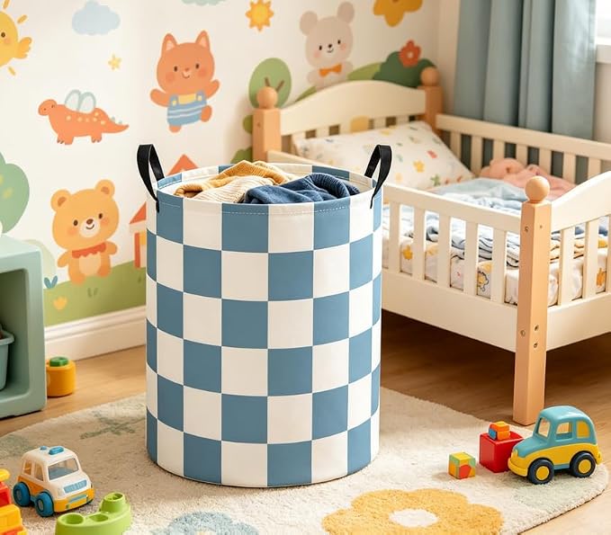 Baby Laundry Basket Baby Nursery Hamper Kids Laundry Basket Toy Storage Bin for Boys Room Decor Gift Baskets for Bedroom Bathroom(Blue Checkered) - Image 4