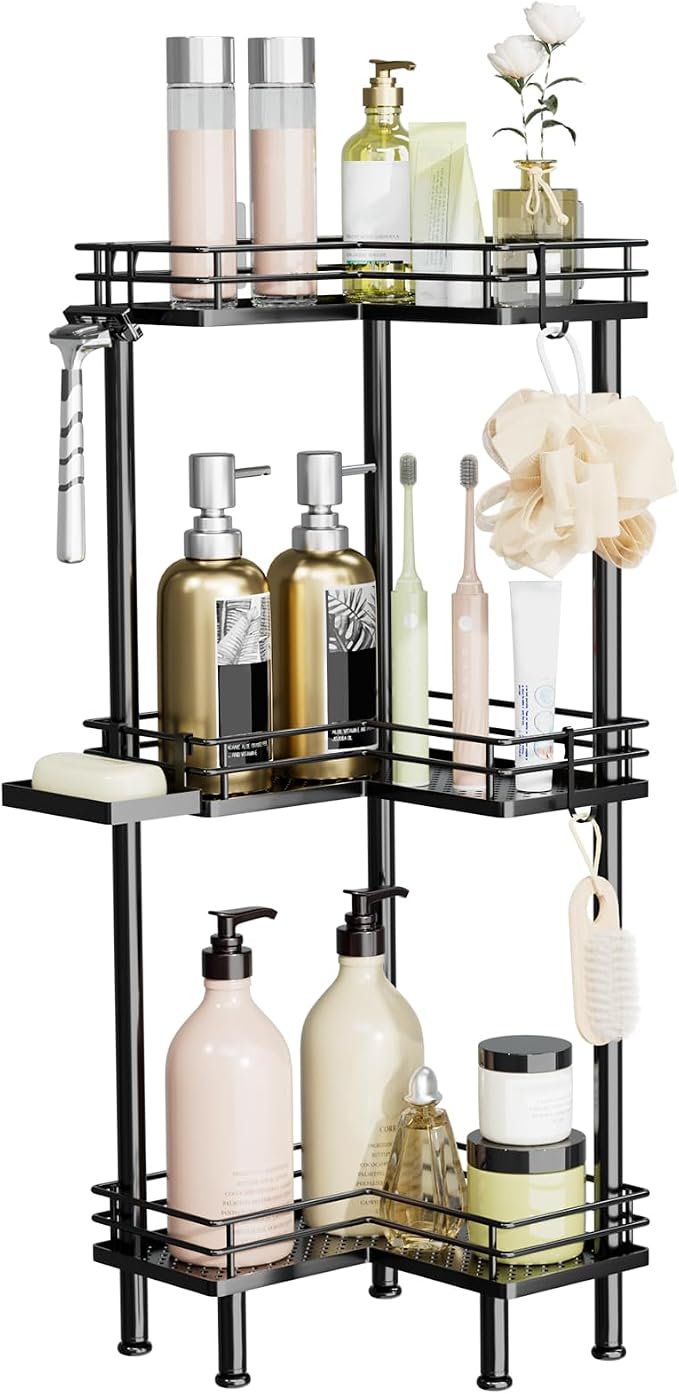 Consumest Corner Shower Caddy Standing - 3-Tier Stainless Steel Shower Organizer with Soap Holder and 4 Hooks, Large Capacity Corner Shelf Stand for Bathroom, Rest Room, Black - Image 8
