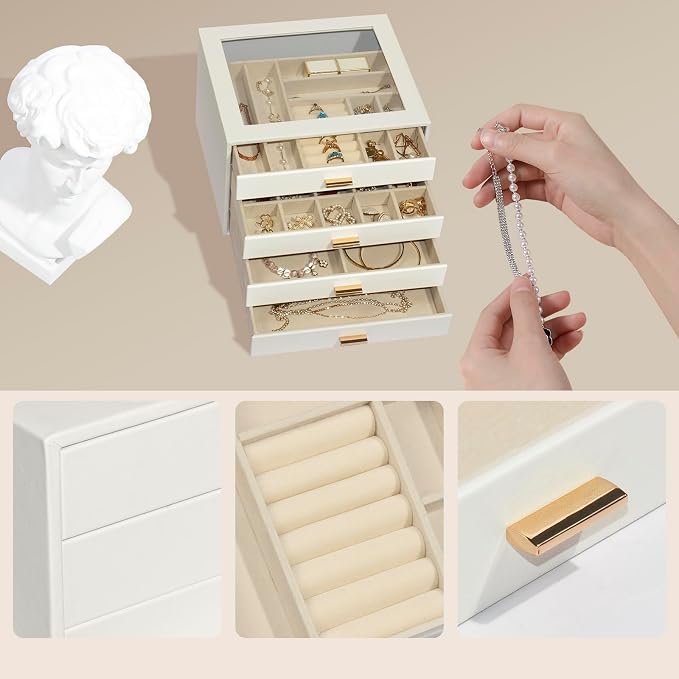 Jewelry Box with Glass Lid, 4-Layer Jewelry Organizer for Women Girls, PU Leather Display Case with 20-Grid Earring Tray & Movable Dividers for Necklaces Rings - Cloud White - Image 6