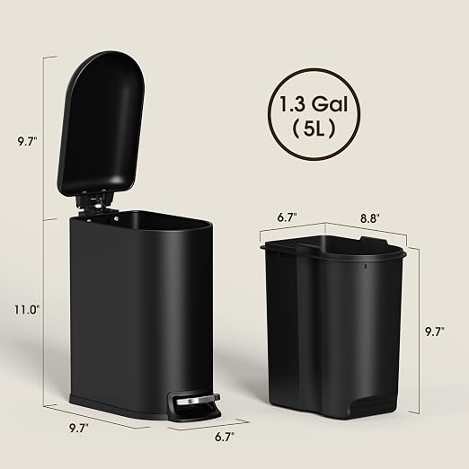 CEROELDA Small Bathroom Trash Can with Lid Soft Close, 5L/1.3 Gallon Stainless Steel Slim Garbage Can, Metal Waste Basket with Step Pedal, for Office, Bedroom, Toilet, Dorm Room (Black, 1.3 Gallon) - Image 6