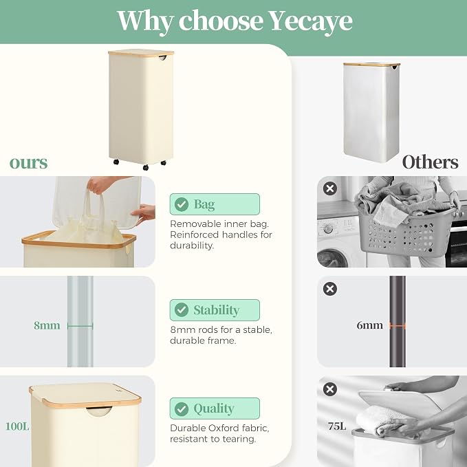 Yecaye 100L Large Capacity Laundry Hamper – Foldable Rolling Laundry Basket, Mobile Clothes Hamper with Wheels, Removable Inner Bag, Bamboo Handle Lid Laundry Bin – Multi-Use Storage,Beige - Image 6