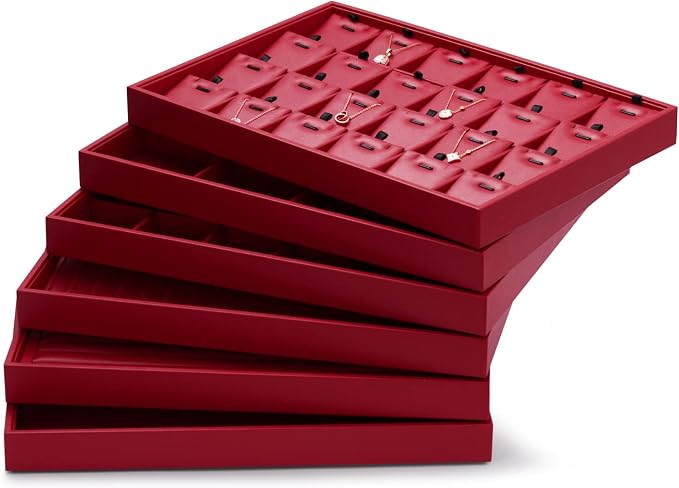 Oirlv Gorgeous Red Leather Jewelry Tray Necklace Bracelet Long Chain Storage Stackable Necklace Trays Jewelry Drawer Organizer - Image 6