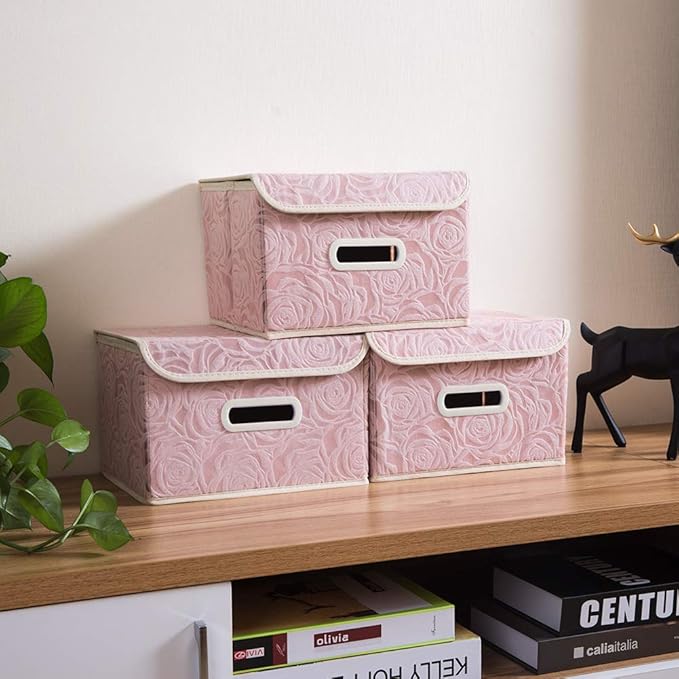 PRANDOM Collapsible Storage Boxes with Lids Fabric Decorative Storage Bins Cubes Organizer Containers Baskets with Cover Handles Divider for Bedroom Closet Living Room 9.8x7.9x6.7 Inch 3 Pack - Image 3