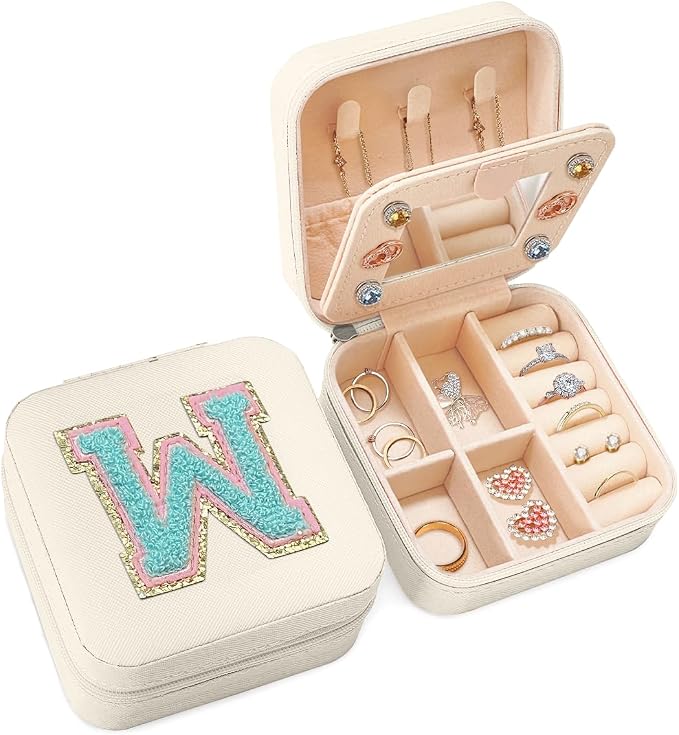 SANDJEST Personalized Jewelry Box, White Travel Jewelry Box with Initial W, Small Monogrammed Jewelry Case Organizer for Girls Women Teen Kids, Mini Travel Essentials Gifts for Birthday Christmas by SANDJEST