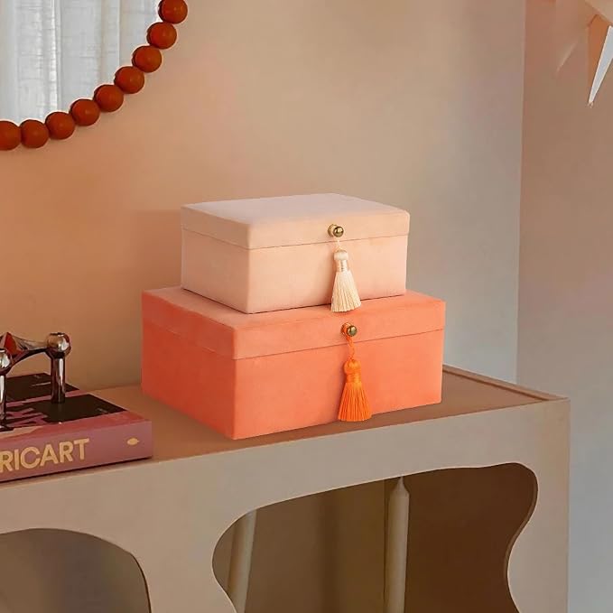 HofferRuffer Velvet Jewelry Boxes Decorative Boxes, Storage Accessory Organizer Boxes with Elegant Handle Decor, Classic Velvet Set of 2 Pieces (Orange) - Image 5