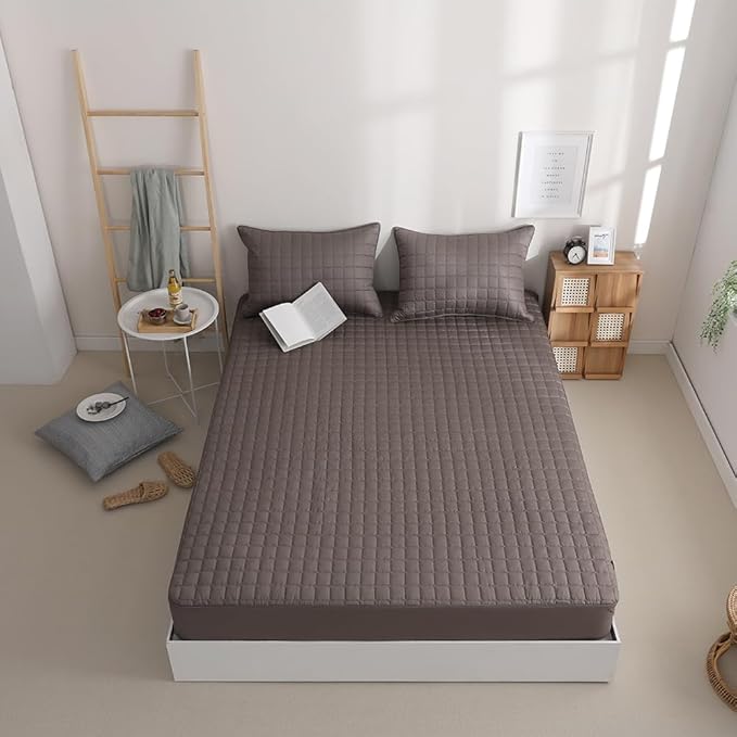 Quilted 100% Cotton Mattress Cover – 6 Colors, Machine Washable, Breathable & Stretchy, Fits up to 16-Inch Deep, Twin/Full/Queen/King (Brown, Queen)