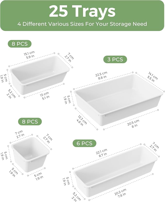 BiuLeon 25 PCS Plastic Drawer Organizers Set, 4-Sizes Vanity and Makeup Organizer, Desk and bathroom Drawer Organizer Trays, Organizers and Storage for Makeup, Jewelry, Gadgets, Utensils (White) - Image 2