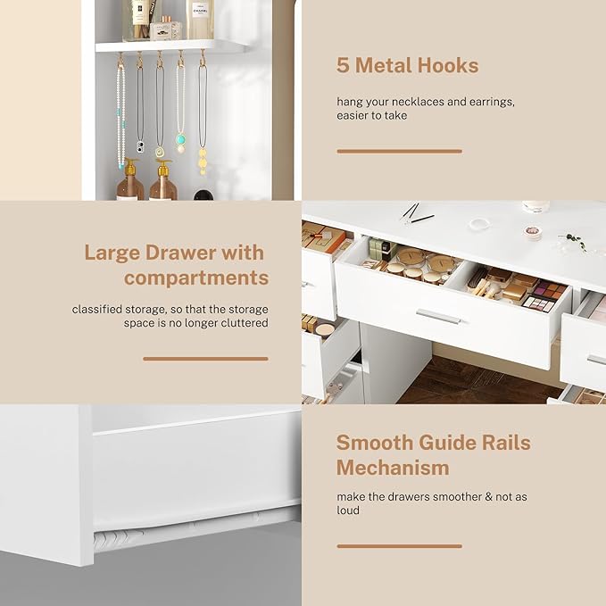 FIONESO Large Vanity Desk with LED Lighted Mirror & Power Outlet, Makeup Vanity Table with 7 Drawers,4 Shelves and 5 Hooks, White Vanity for Bedroom, Bathroom