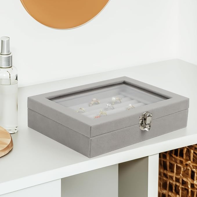Fordonral Velvet Jewelry Organizer Box, Jewelry Drawer Organizers Trays, Earring Ring Necklace Holder Display Case (Gray, Ring Box) - Image 5