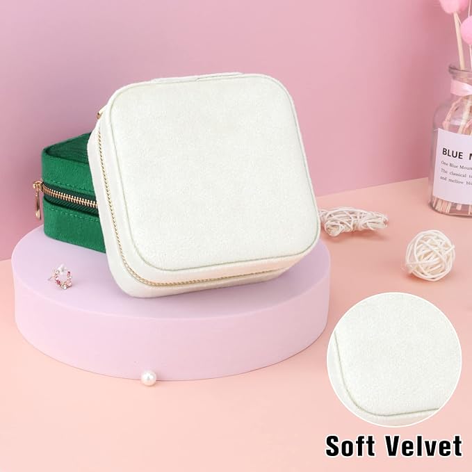 DesignSter Travel Jewelry Box - Velvet Mini Jewelry Organizer, Small Jewelry Case for Girls Women, Jewelry Storage Box for Rings Earrings Necklace (Square, Cream Beige) - Image 5