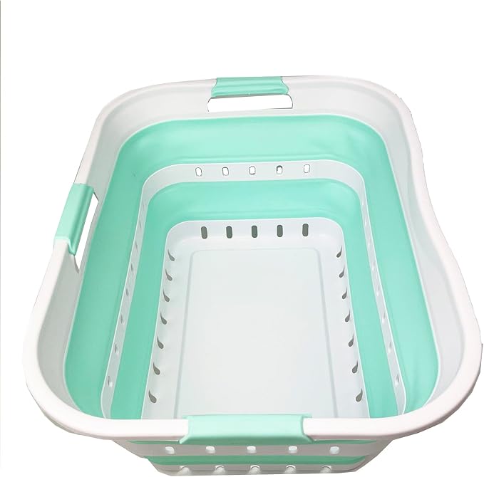SAMMART 42L (11 gallon) Collapsible Plastic Laundry Basket - Foldable Pop Up Storage Container/Organizer - Space Saving Hamper/Basket (1, White/Light Green) - Image 2