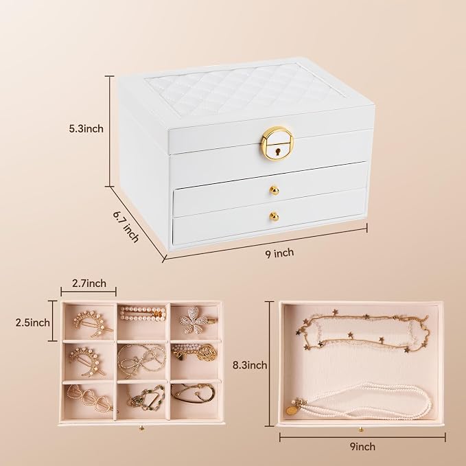 3 Layer Jewelry Box, Jewelry Holder Organizer with Jewelry Organizer Drawer, Large Jewelry Boxes & Organizer with Velvet Earring Organizer, Lockable Jewelry Holder, Unique Gifts for Women Mom (White) - Image 2