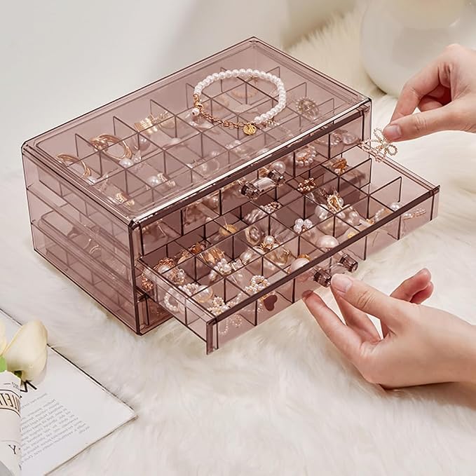 YUFONG Earring Storage Box Organizer 3 Drawers Acrylic Jewelry Storage Box Holder Transparent Jewelry Display Stand with 72 Small Compartments Gift for Women Girls (Clear Purple Brown) - Image 3
