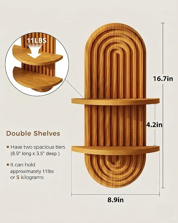 Bamworld Boho Wall Decor Brown Plant Wall Shelf Mid Century Modern Decor Hanging Plant Shelf 16.7in 2 Tier Wooden Floating Shelves for Home Bathroom Bedroom Living Room Office Holding Planter - Image 2