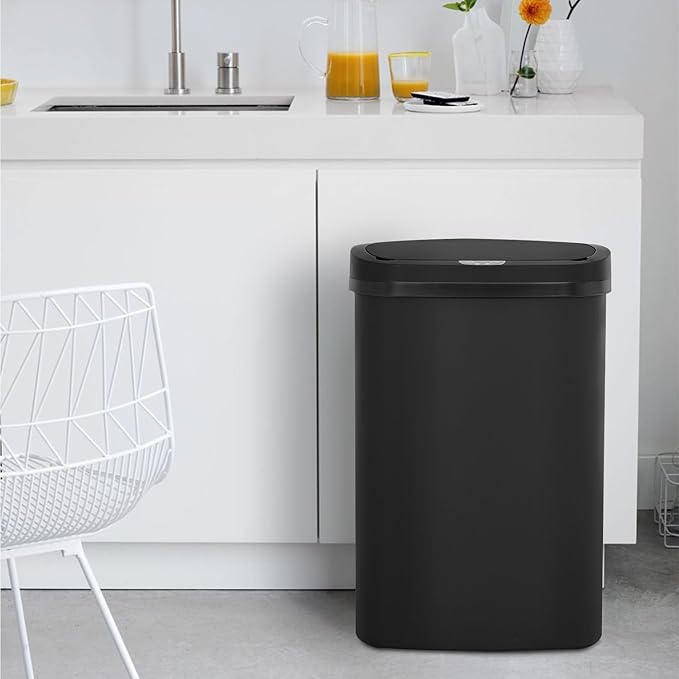 BestOffice Black Plastic Touch Free High-Capacity Garbage Can with Lid, 49L/13G, Rectangular, Quiet Close, Kitchen, Bedroom, Bathroom, Office - Image 2