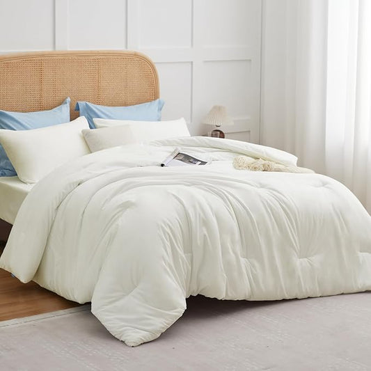 CozyLux Full Size Comforter Set Ivory, 3 Pieces Solid Breathable Quilted Bedding Sets, Luxury Lightweight Soft Bed Set with Down Alternative Comforter and 2 Pillowcases for All Seasons