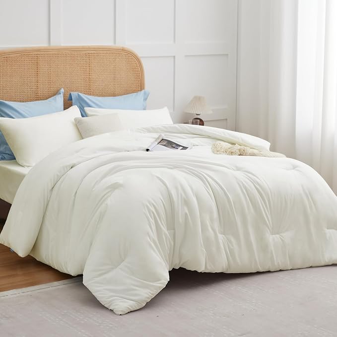 CozyLux King Size Comforter Set Ivory, 3 Pieces Solid Comforters King Size Breathable Quilted Bedding Sets, Luxury Soft Lightweight Bed Set with Down Alternative Comforter and 2 Pillowcases All Season