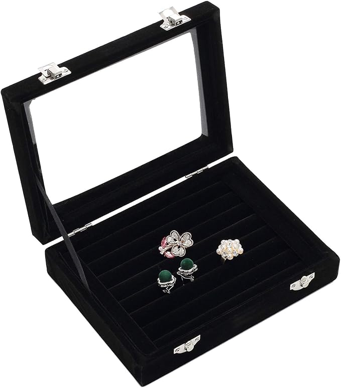 Jewelry Box Rings Organizer Tray 7 Slots Velvet Jewelry Earring Storage Box With Transparent Lid Jewelry Display Case for Girls Women (Black) - Image 3