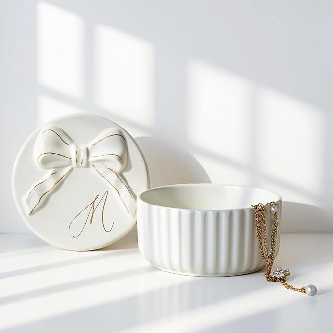 COLLECTIVE HOME Monogram Initial Jewelry Box with Bow - Elegant Ring Holder & Earring Dish | Christmas Gift Idea for Women, Unique Birthday Present for Her (M) by COLLECTIVEHOME