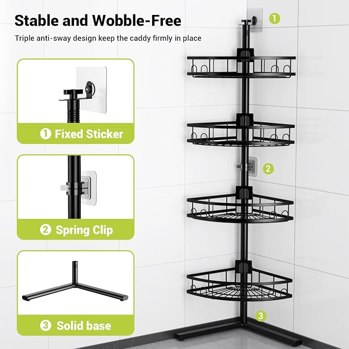 Aitatty Corner Shower Caddy Standing: 4-tier Rustproof Shower Organizer Shelf - Floor Shower Corner Shelf Rack Stand for Bathroom Black - Image 4