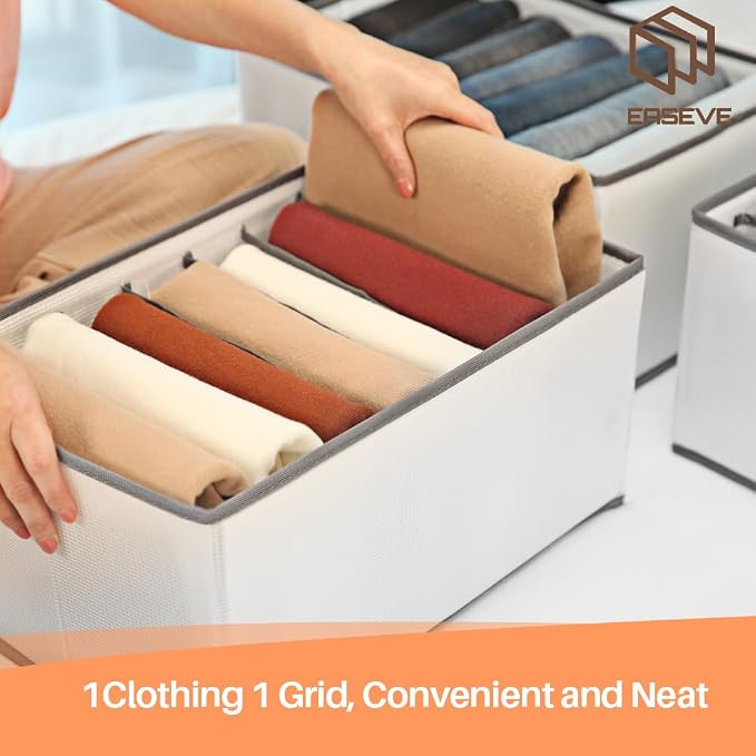 EASEVE 6 Pack Wardrobe Closet Organizer and Storage for Clothes - 7 Grids Foldable Drawer Dividers Organizers for Jeans | Pants | Shirts | Leggings, Stackable Clothing Bins for Closets Organization - Image 2