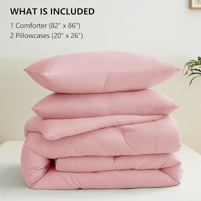 CozyLux Full Size Comforter Set Pink, 3 Pieces Solid Breathable Quilted Bedding Sets, Luxury Lightweight Soft Bed Set with Down Alternative Comforter and 2 Pillowcases for All Seasons