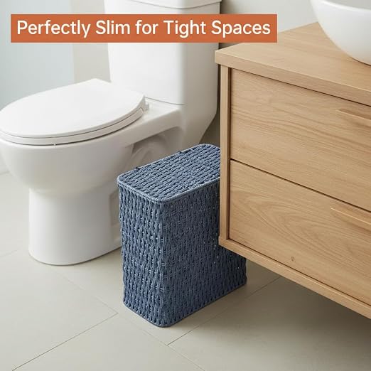 Coeusy 3 Gallon Paper Rope Bathroom Trash Can,Small Wicker Trash Cans with Lid and Liner,Woven Rattan Narrow Waste Basket for Bedroom,Office,Blue - Image 2