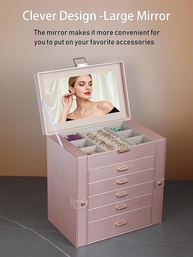 BOOVO Jewelry Box For women, 6 Layer Large Jewelry Organizer With Mirror, Multi-Function Storage Box With Lock, Necklace Holder With 5 Drawers, For Earrings Necklace Bracelet (Rose Gold and Gold) - Image 3