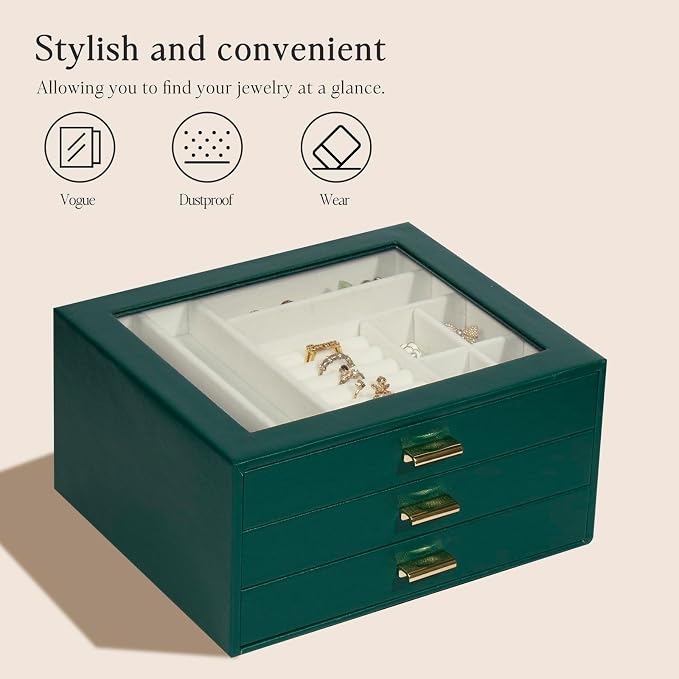 Jewelry Box Organizer with 3 Drawers,Glass Lid Jewelry Boxes for Women,Jewelry Storage for Rings,Necklaces,Earrings,Bracelets,Interesting Gift,Green - Image 7