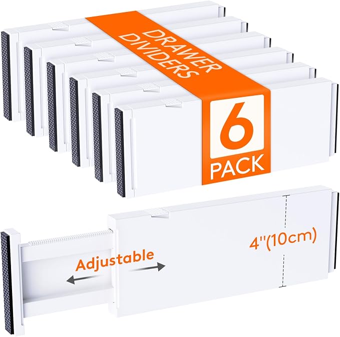Lifewit 6 Pack Drawer Dividers for Clothes, 10.9-16" Adjustable Drawer Organizers, 4" High Plastic Expandable Drawer Separators in Bedroom/Office/Bathroom/Kitchen Storage, White by Lifewit