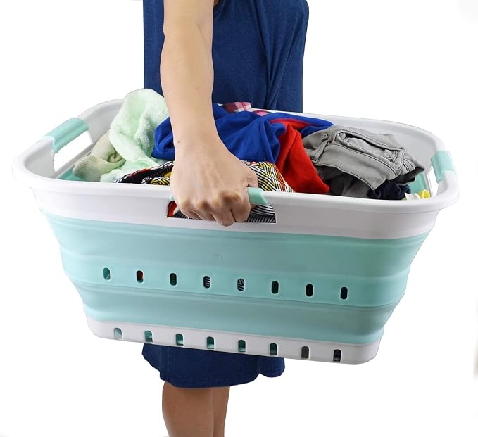 SAMMART 42L (11 gallon) Collapsible Plastic Laundry Basket - Foldable Pop Up Storage Container/Organizer - Space Saving Hamper/Basket (1, White/Lake Green) - Image 6