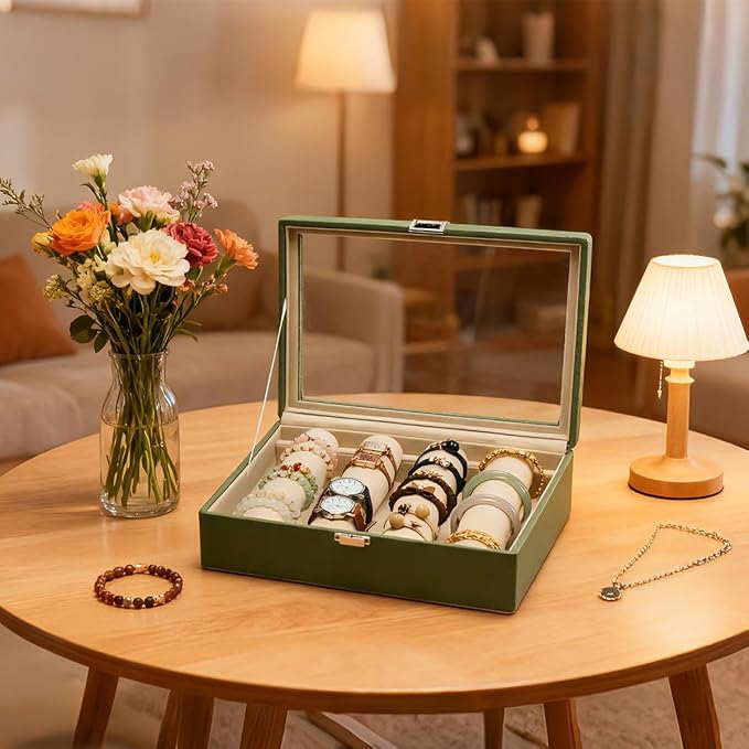 Bracelets Organizer Rods Bangles Display Holder, Clear See through Lid Leather Velvet Jewelry Storage Box Case for Women, 4 Rods Green Leather - Image 4