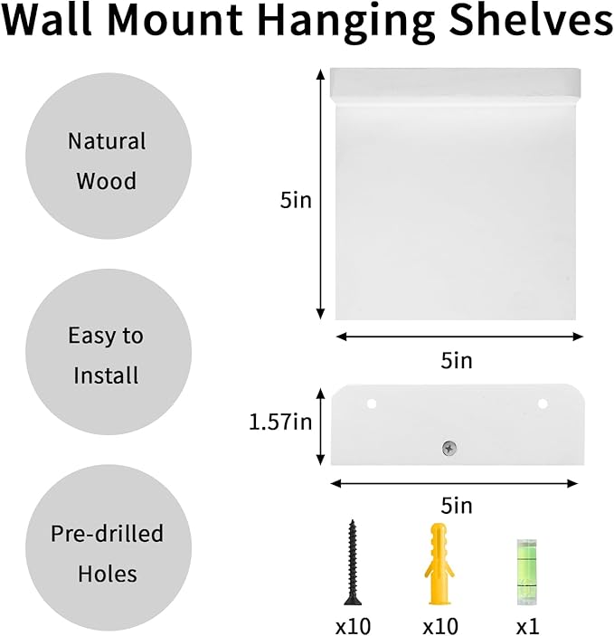 Fixwal Small Shelf for Wall, Rustic Wood Floating Wall Mounted Shelves for Bedroom, Living Room, Kitchen, Bathroom Decor, Set of 4, 5 x 5 Inches (White) - Image 2
