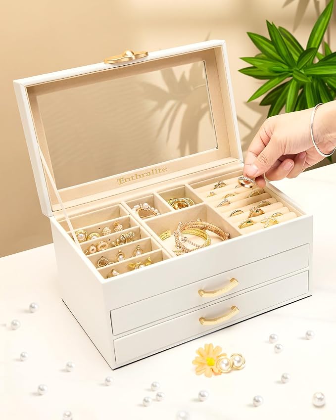 Enthralite Jewelry Box with 2 Drawers: Display Organizer for Earrings Necklaces - Gift for Girls Women (White) - Image 9