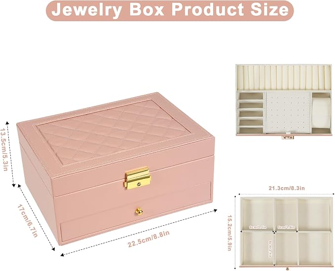 2-Layer Jewelry Box for women, jewelry organizers and storage with Removable Jewelry Tray, vintage quilted top Lockable Jewelry Holder Gift Idea Pink - Image 4