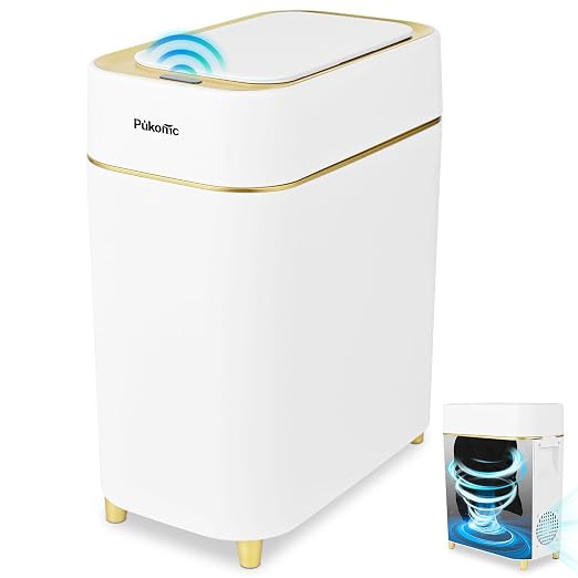 Pukomc 2.3 Gallon / 9L Automatic Adsorption Sensor Trash Can, White Gold Motion Sensor Garbage Bin with Suction, Slim Fashionable Design for Kitchen, Bathroom, Office & Small Space by Pukomc