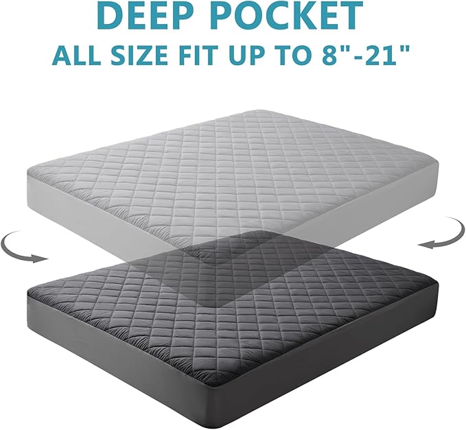 Full Size Quilted Fitted Mattress Pad Cover, 100% Waterproof Mattress Protector, Deep Pocket Fitted 8" - 21", Breathable & Noiseless, Soft and Comfortable (54" x 75", Dark Gray)