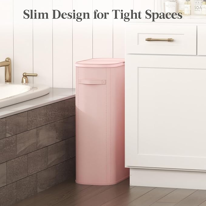 Lifewit Slim Laundry Basket with Lid, Narrow Large Laundry Hamper with Plastic Handles and Removable Bag, Tall Foldable Dirty Clothes Hampers for Laundry Room, Bedroom, Bathroom, Dorm, 65L Pink - Image 2