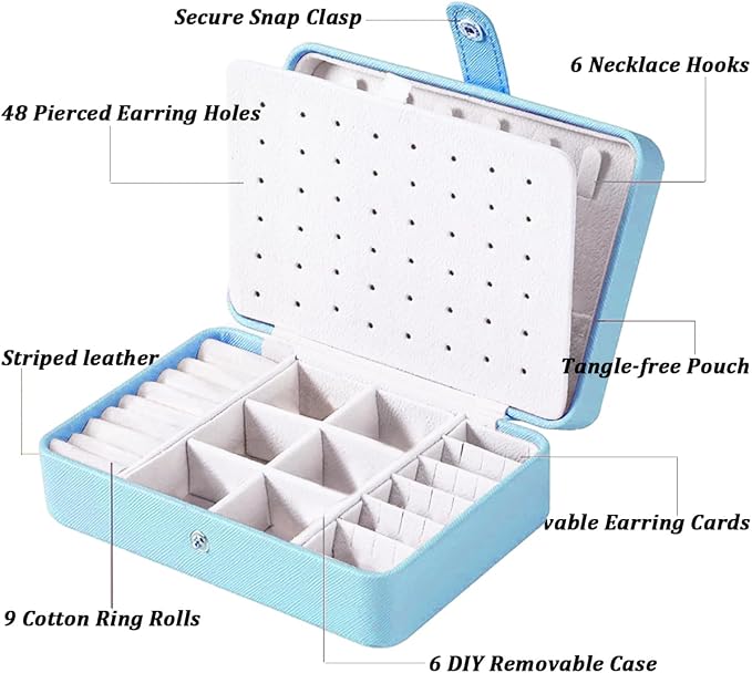 QBestry All-in-One Travel Jewelry Organizer for Women Blue | Small Jewelry Box with 68 Earring Holes | Compact Portable Jewelry Case for Earrings, Rings, Necklaces | Perfect Gifts for Mom Wife Girls - Image 7