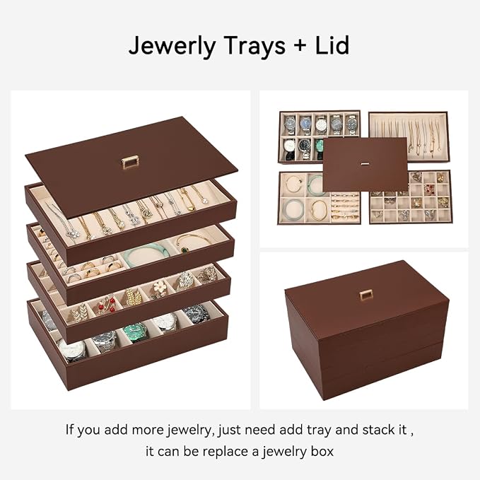 Voova Stackable Jewelry Organizer Tray with Lid, PU Leather Jewelry Storage Holder for Drawer Inserts, Jewellery Display Box Case for Earring Necklace Ring Watch Bracelet (Set of 4, Caramel Brown) - Image 3