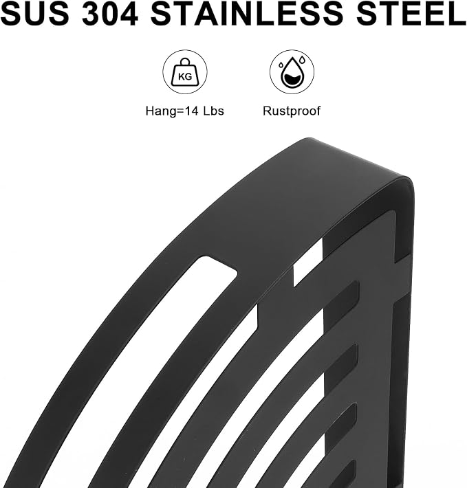 NearMoon Bathroom Corner Shelf Shower Caddy 2 Pack, No Drill 304 Stainless Steel Shower Organizer with 2 Hooks (Matte Black) - Image 4