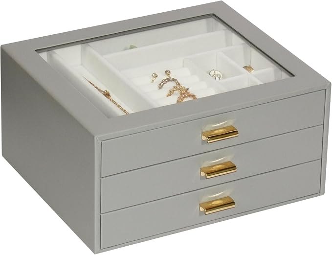 Jewelry Box Organizer with 3 Drawers,Glass Lid Jewelry Boxes for Women,Jewelry Storage for Rings,Necklaces,Earrings,Bracelets,Interesting Gift,Gray by Unknown