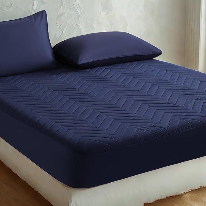 1 Pack Waterproof Mattress Protector, Quilted Mattress Pad with 15 Inch Deep Pocket, Soft Breathable Microfiber Surface, Machine Washable Bed Mattress Cover, Navy Blue