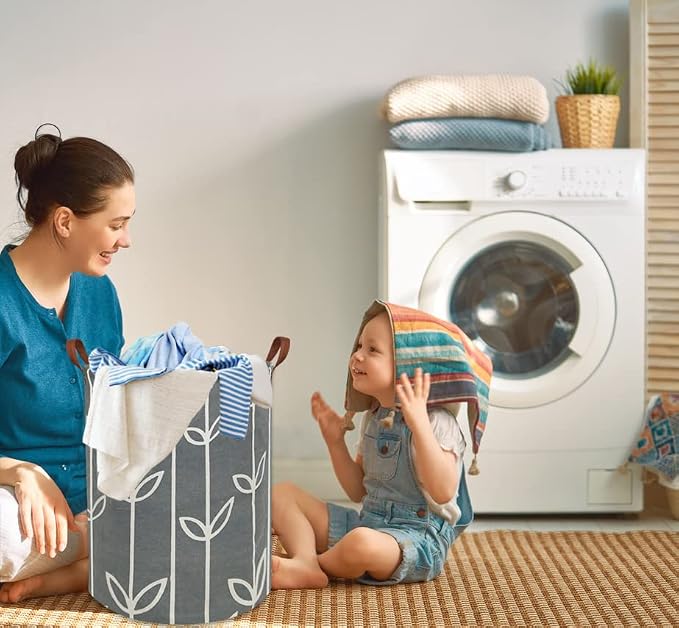 HIYAGON Large Storage Baskets,Waterproof Laundry Baskets,Collapsible Canvas Basket for Storage Bin for Kids Room,Toy Organizer,Home Decor,Baby Hamper (Grey leaves) - Image 2