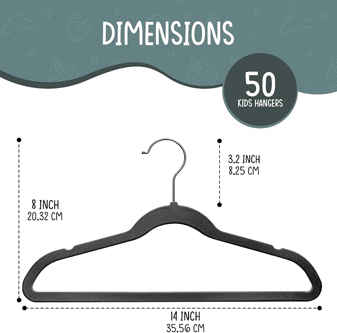 TechZoo 50 Premium Kids Velvet Hangers - 14" Non-Slip Clothes Hangers for Kids & Preteens - Ultra Slim, Space-Saving, Strong & Durable Hangers with 360° Swivel Hook - Black - Image 2